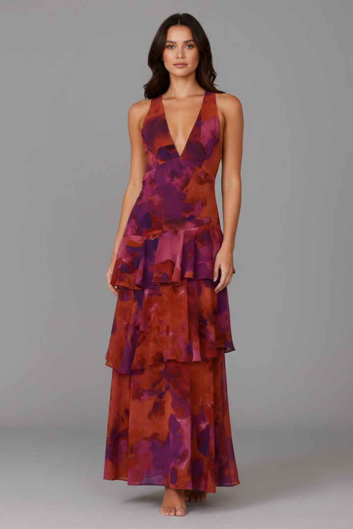 Adeline | Dames V-hals Gelaagd Bloemen Maxi Jurk