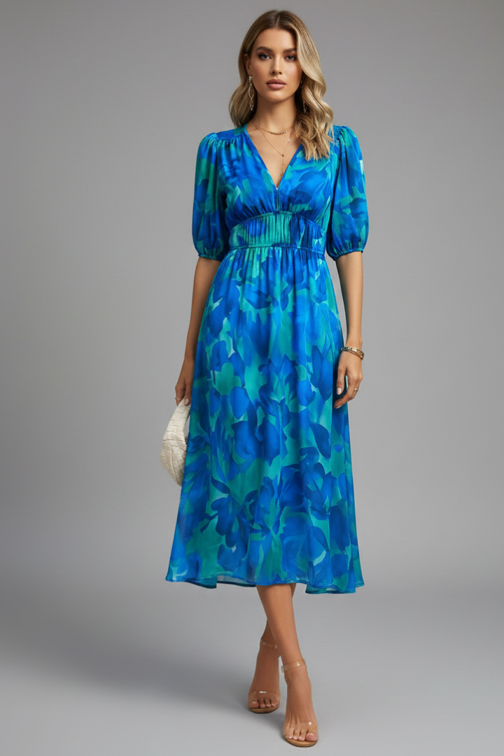 Dorothy | Dames Bloemenprint Midi Jurk met Pofmouwen en V-Hals