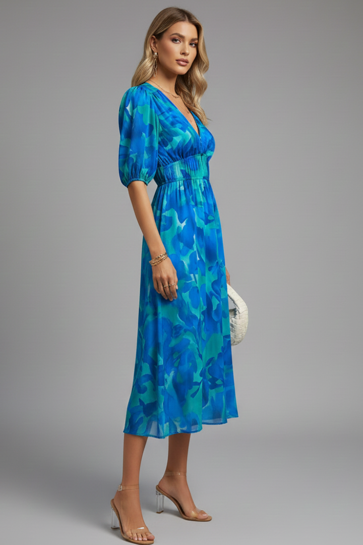 Dorothy | Dames Bloemenprint Midi Jurk met Pofmouwen en V-Hals
