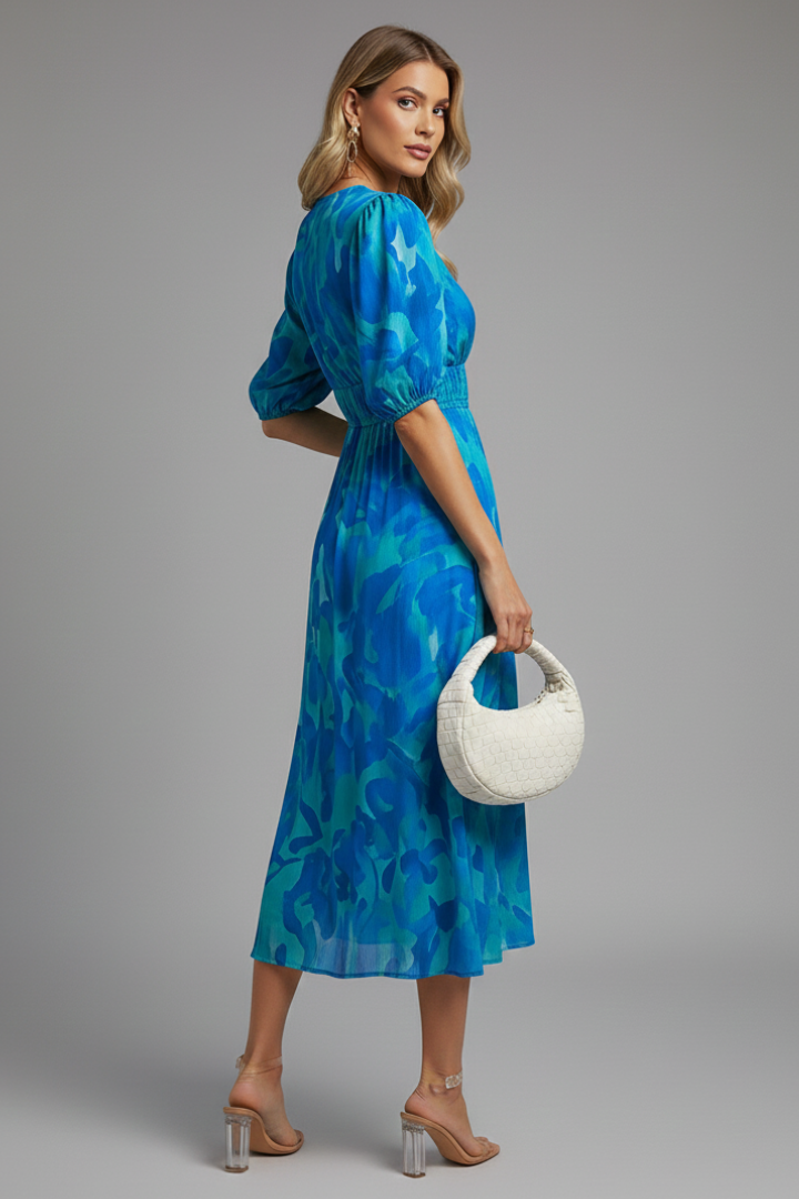 Dorothy | Dames Bloemenprint Midi Jurk met Pofmouwen en V-Hals
