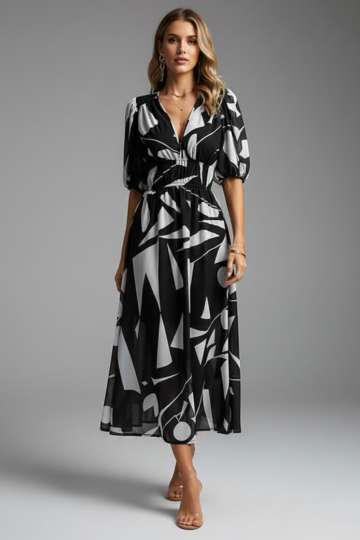Dorothy | Dames Bloemenprint Midi Jurk met Pofmouwen en V-Hals