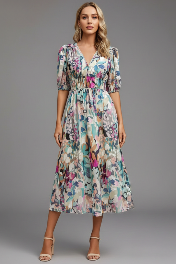 Dorothy | Dames Bloemenprint Midi Jurk met Pofmouwen en V-Hals