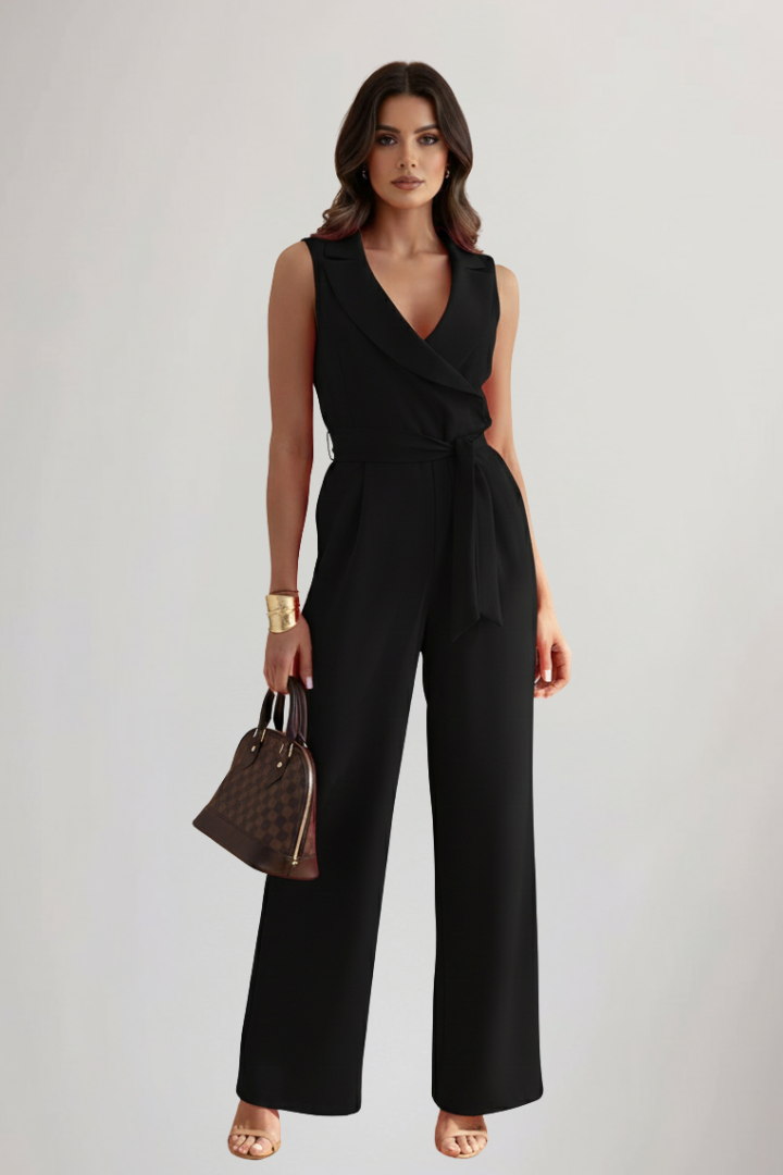 Delilah | Dames V-hals Mouwloos Ceintuur Jumpsuit