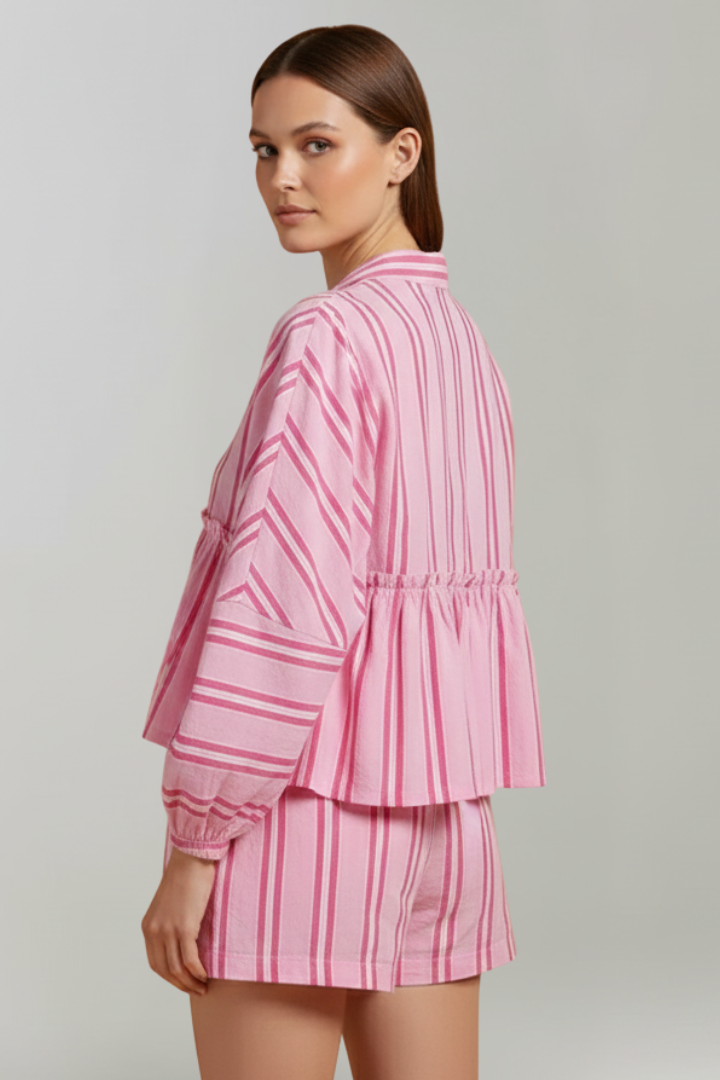 Daniela | Dames Gestreept Langarm-Shorts-Set