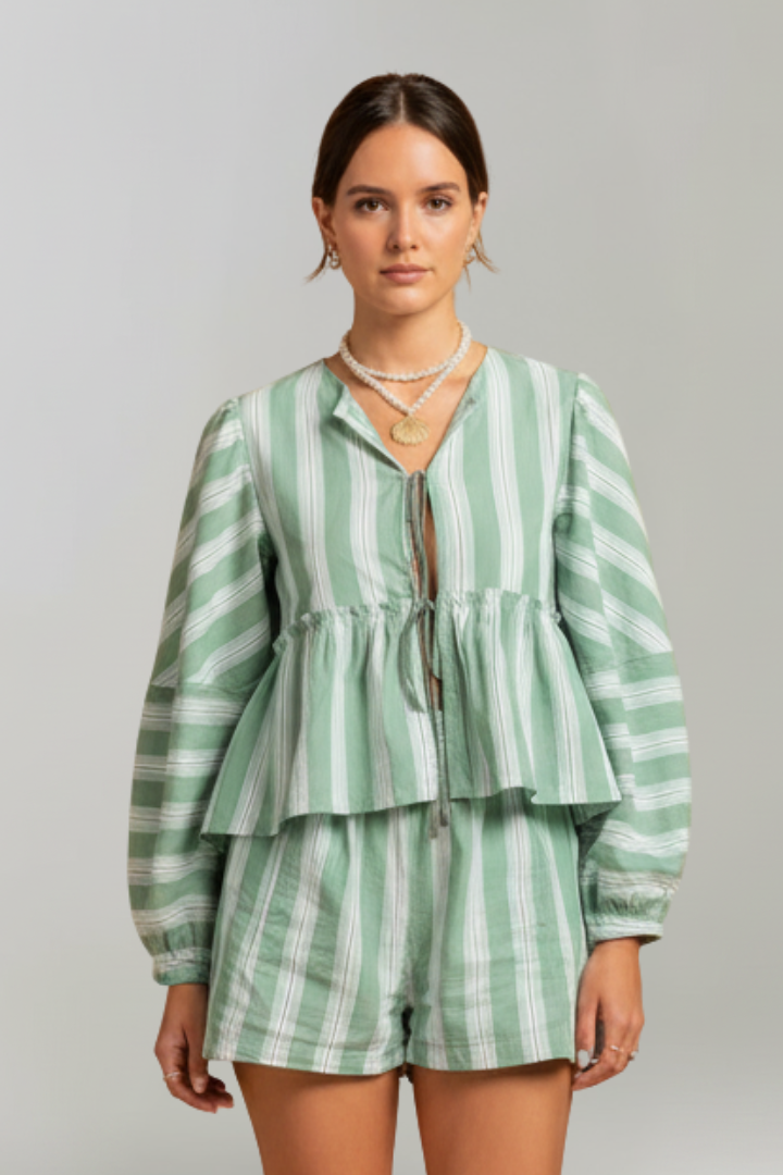 Daniela | Dames Gestreept Langarm-Shorts-Set