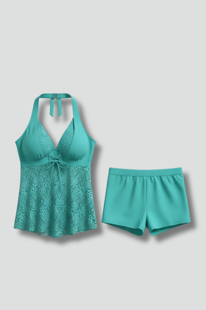 Joanna | Dames Tankini Set met V-Hals en Kanten Overlay