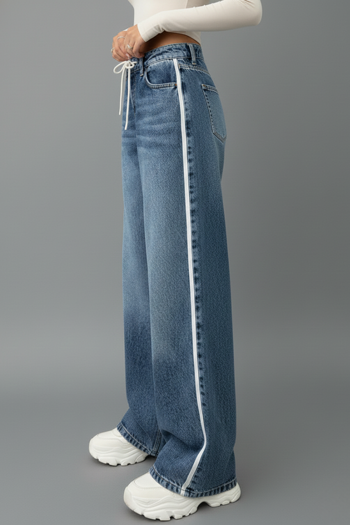 Naomi | Dames Relaxed Wide-Leg Denim Jeans met Koorddetail