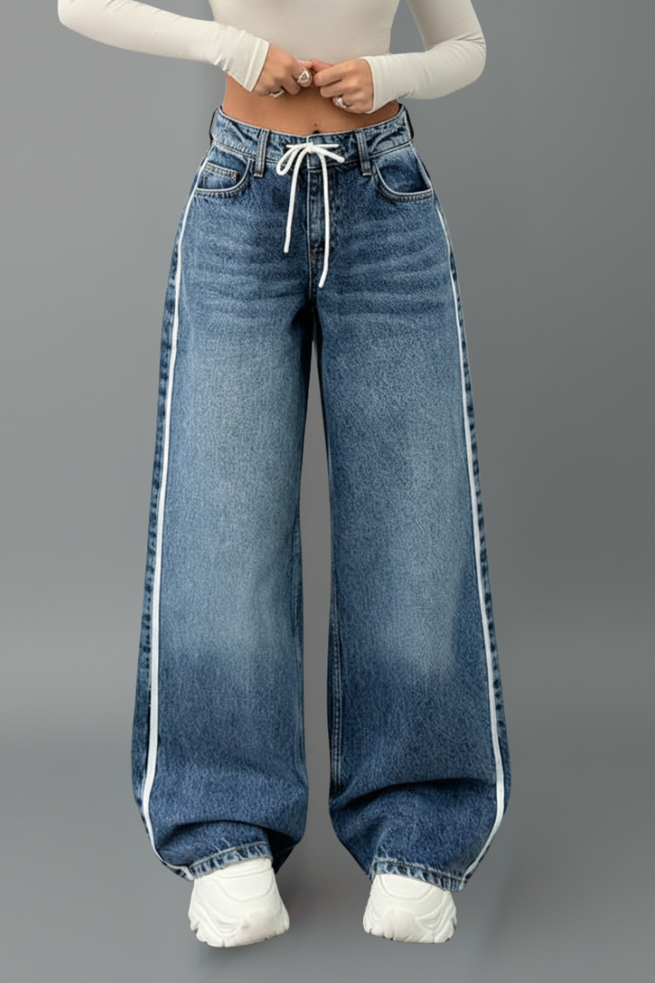 Naomi | Dames Relaxed Wide-Leg Denim Jeans met Koorddetail