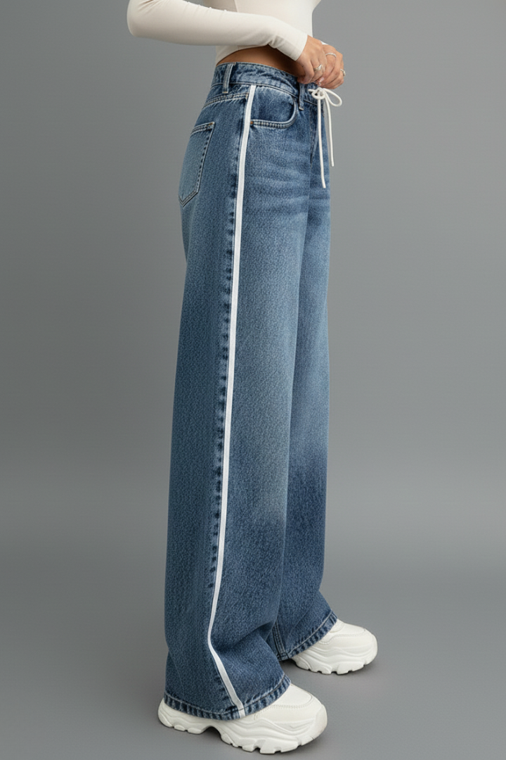 Naomi | Dames Relaxed Wide-Leg Denim Jeans met Koorddetail