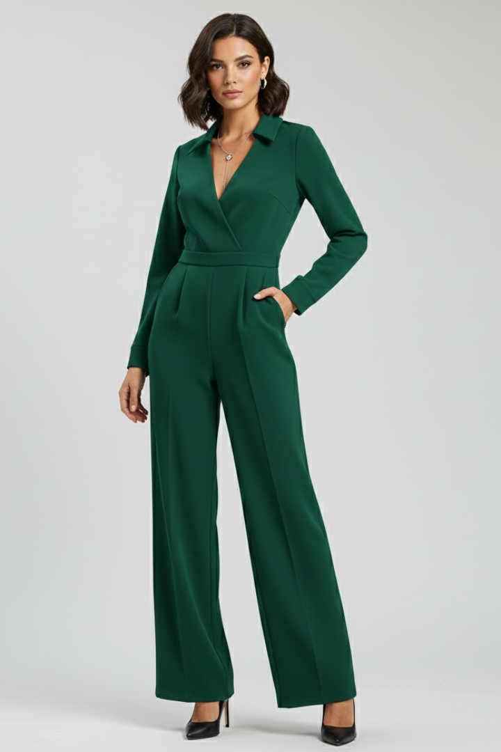 Josephine | Dames Kraag Wijd-Pijpen Getailleerde Jumpsuit