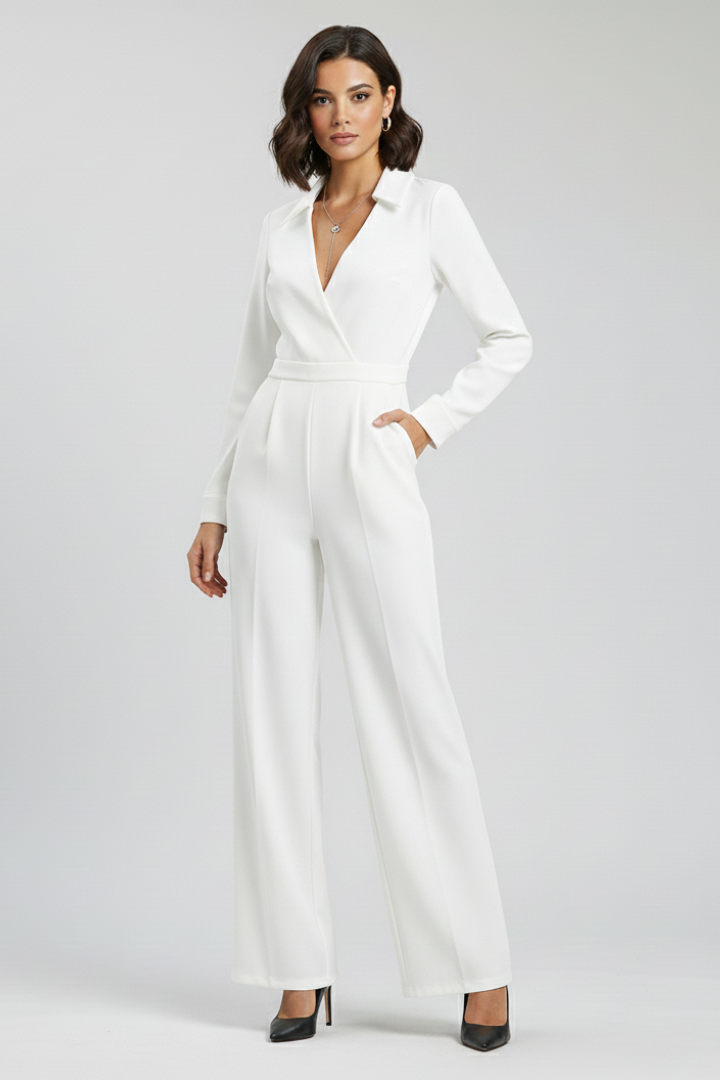 Josephine | Dames Kraag Wijd-Pijpen Getailleerde Jumpsuit