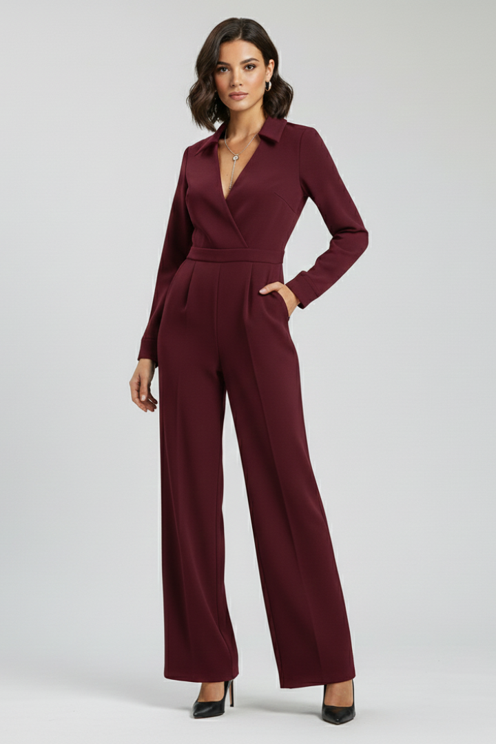 Josephine | Dames Kraag Wijd-Pijpen Getailleerde Jumpsuit