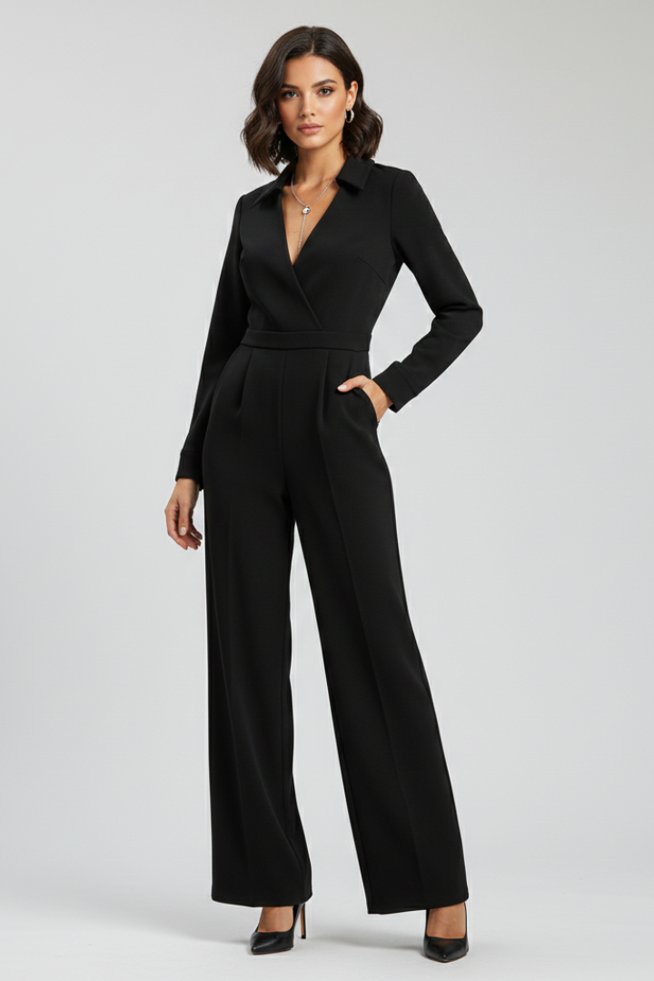 Josephine | Dames Kraag Wijd-Pijpen Getailleerde Jumpsuit
