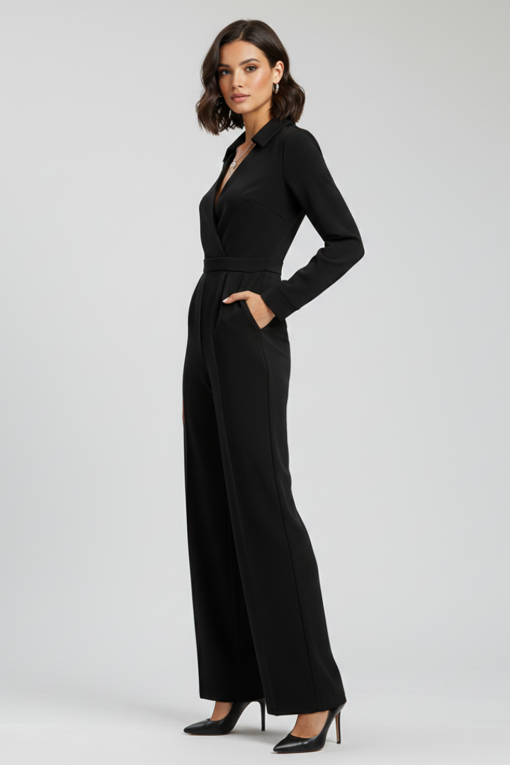 Josephine | Dames Kraag Wijd-Pijpen Getailleerde Jumpsuit