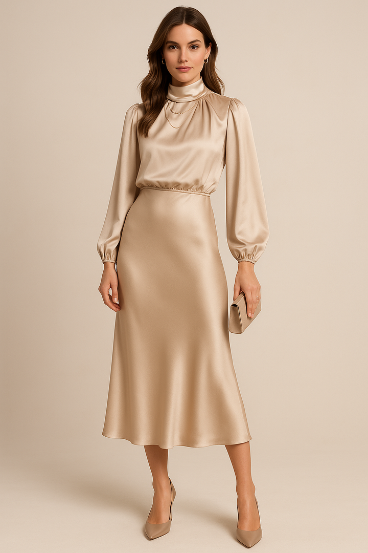 Andrea | Dames Midi-jurk met Hoge Halsstijl