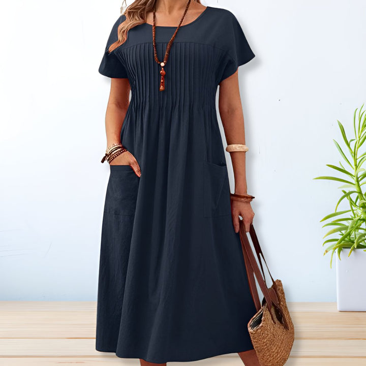 Astrid | Dames Geplooide Midi Jurk Met Korte Mouwen