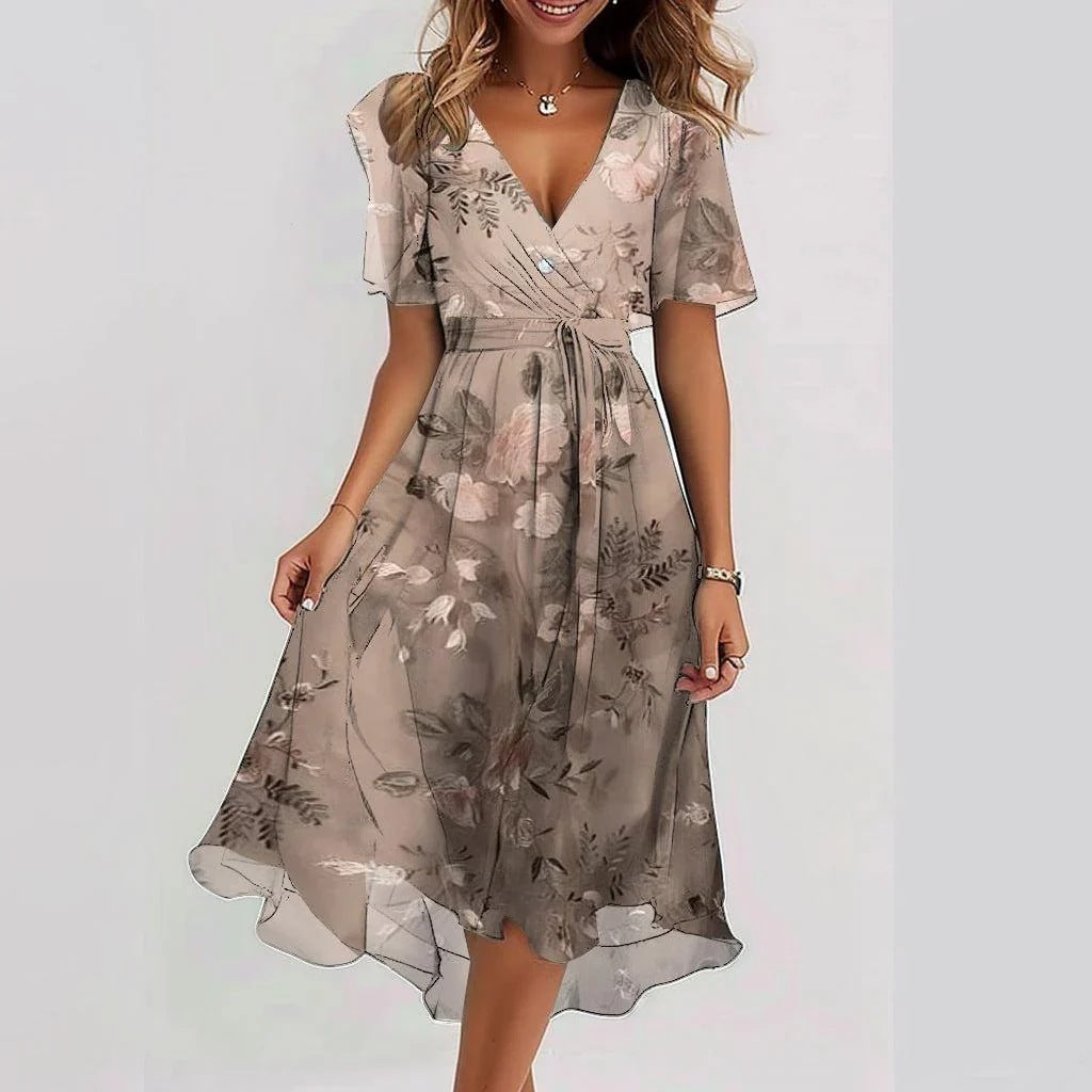 Desiree | Dames Stijlvolle Bloemenprint Midi Jurk