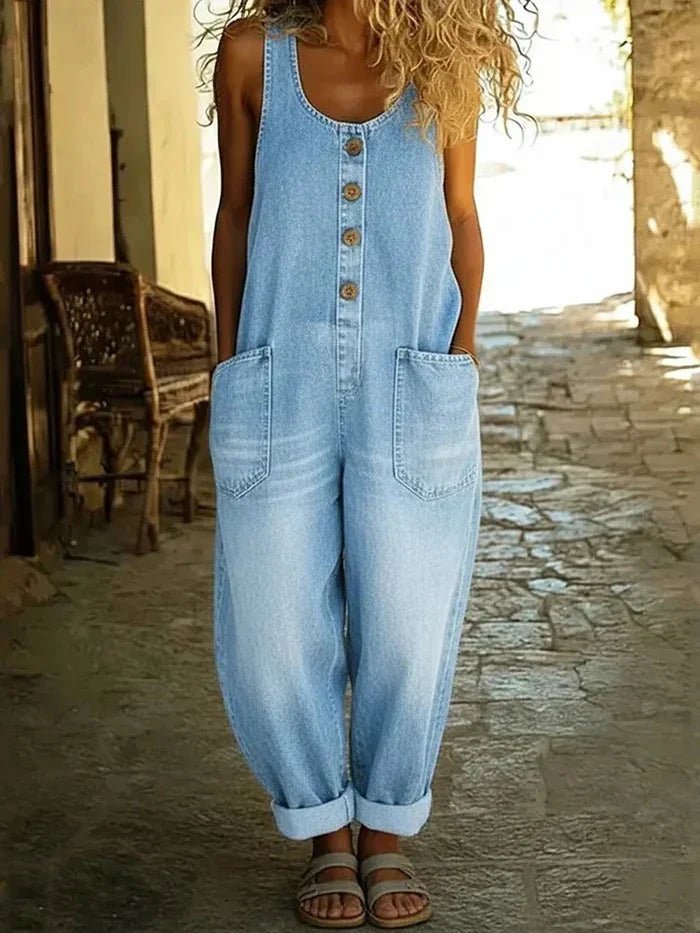 Boho Dames Losse Mouwloze Denim Jumpsuit Knopen - Light Blue