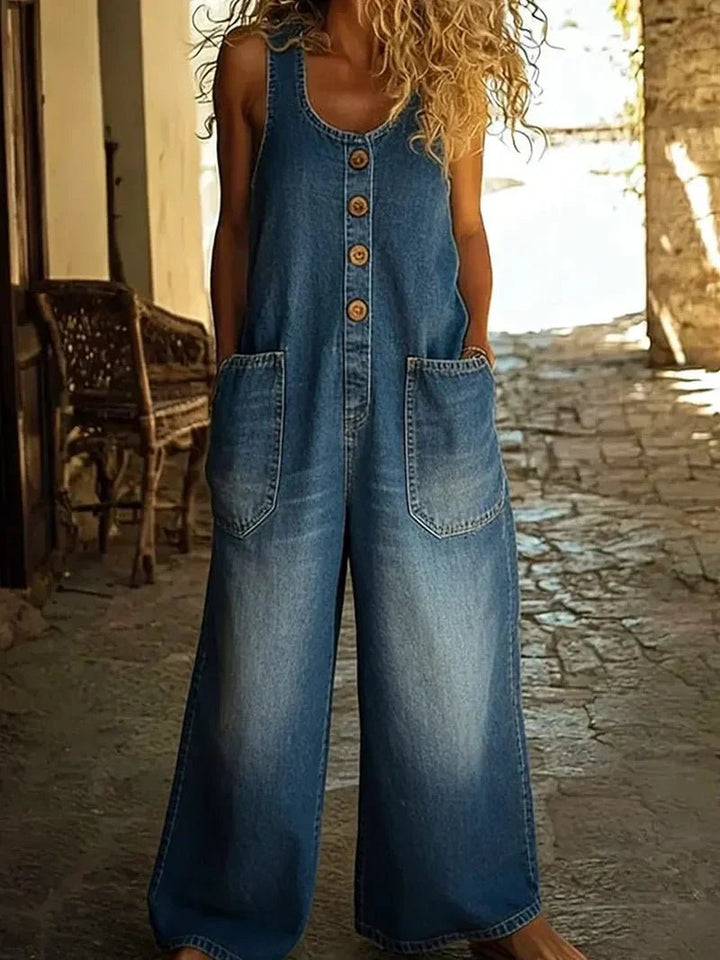 Boho Dames Losse Mouwloze Denim Jumpsuit Knopen - Blue