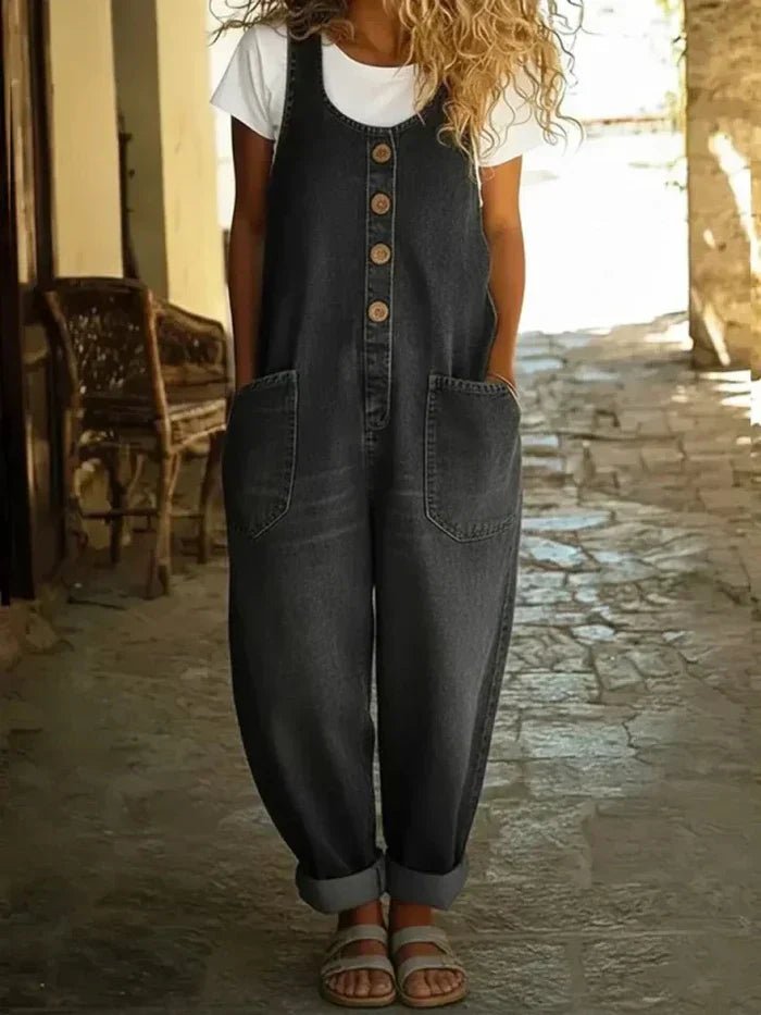 Boho Dames Losse Mouwloze Denim Jumpsuit Knopen - Black
