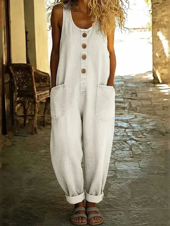 Boho Dames Losse Mouwloze Denim Jumpsuit Knopen - White