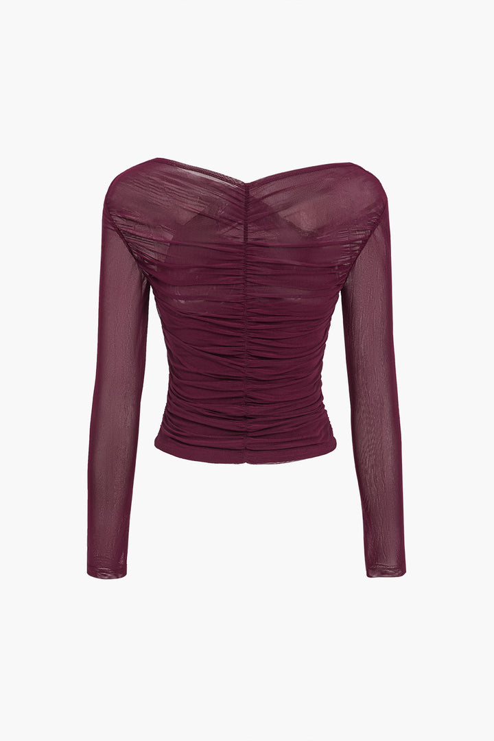 Katie | Women Ruched Mesh Long Sleeve Top
