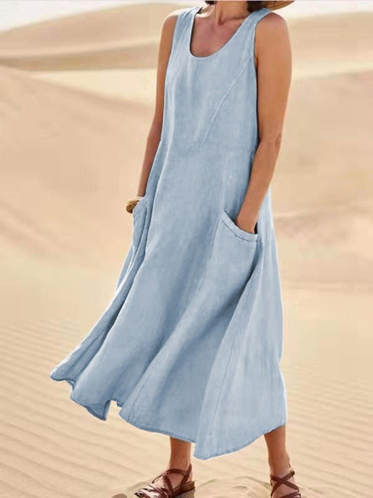Sarah | Dames Mouwloze Maxi Casual Jurk Met Zakken