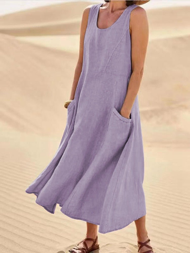 Sarah | Dames Mouwloze Maxi Casual Jurk Met Zakken
