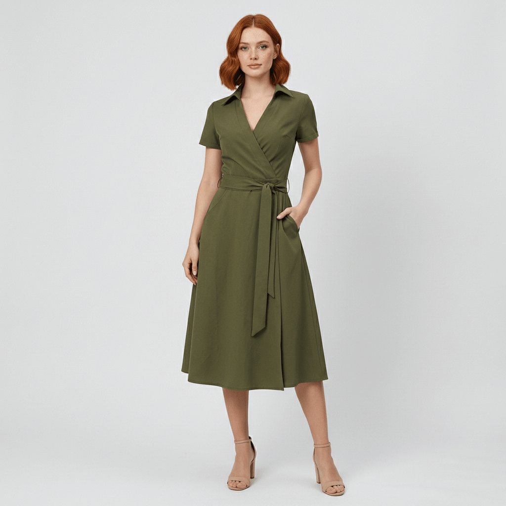 Dames A-lijn Wikkel Midi-jurk V-hals Korte Mouwen Ceintuur - Olive Green