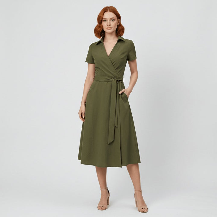 Dames A-lijn Wikkel Midi-jurk V-hals Korte Mouwen Ceintuur - Olive Green