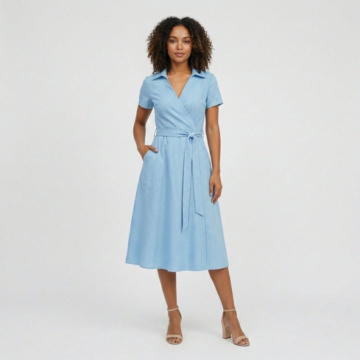 Dames A-lijn Wikkel Midi-jurk V-hals Korte Mouwen Ceintuur - Sky Blue