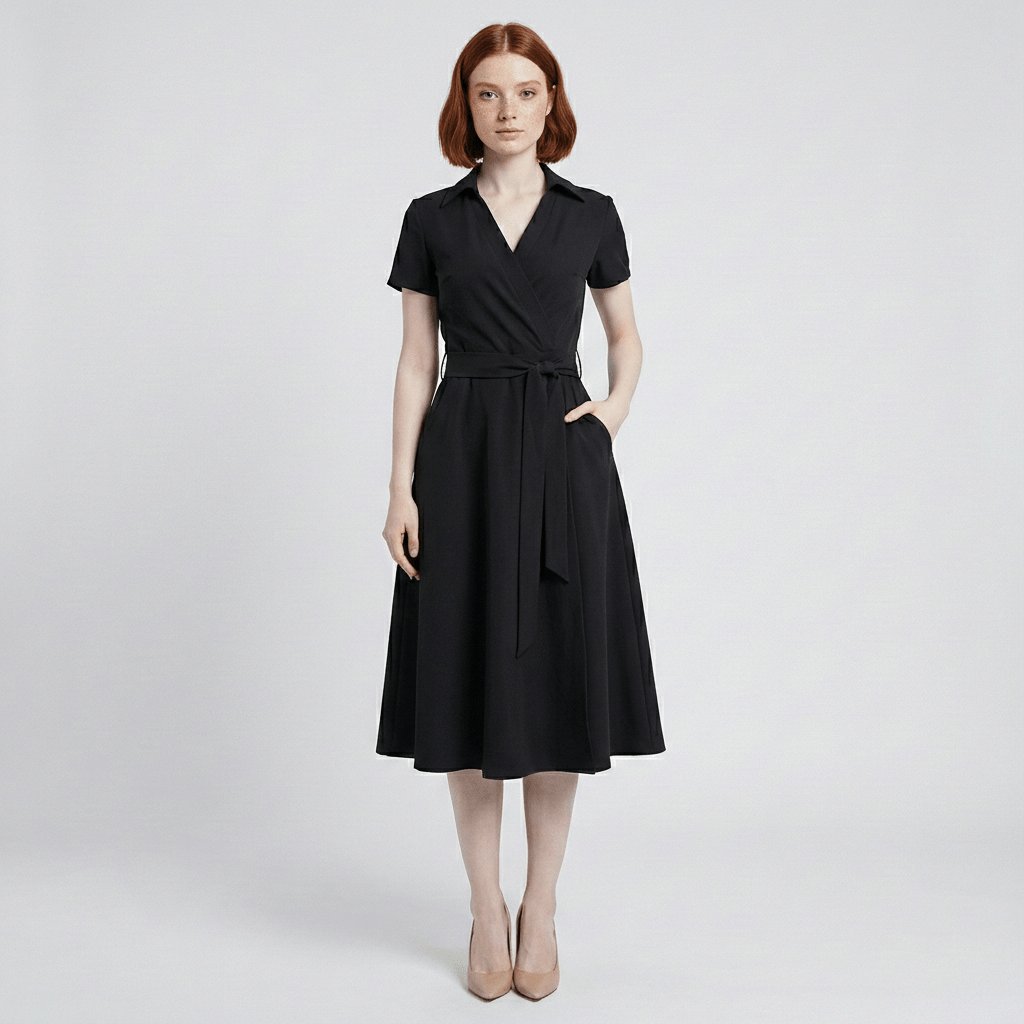 Dames A-lijn Wikkel Midi-jurk V-hals Korte Mouwen Ceintuur - Deep Black
