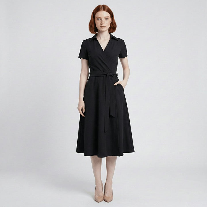 Dames A-lijn Wikkel Midi-jurk V-hals Korte Mouwen Ceintuur - Deep Black