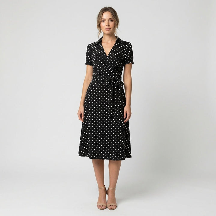 Dames A-lijn Wikkel Midi-jurk V-hals Korte Mouwen Ceintuur - Spotty Multicolour