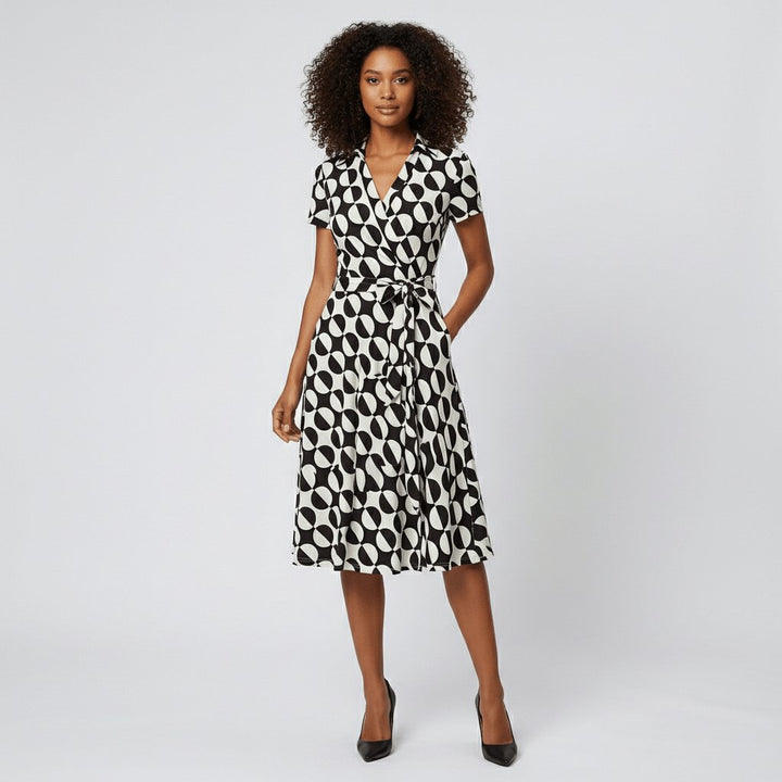 Dames A-lijn Wikkel Midi-jurk V-hals Korte Mouwen Ceintuur - Geometric Multicolour