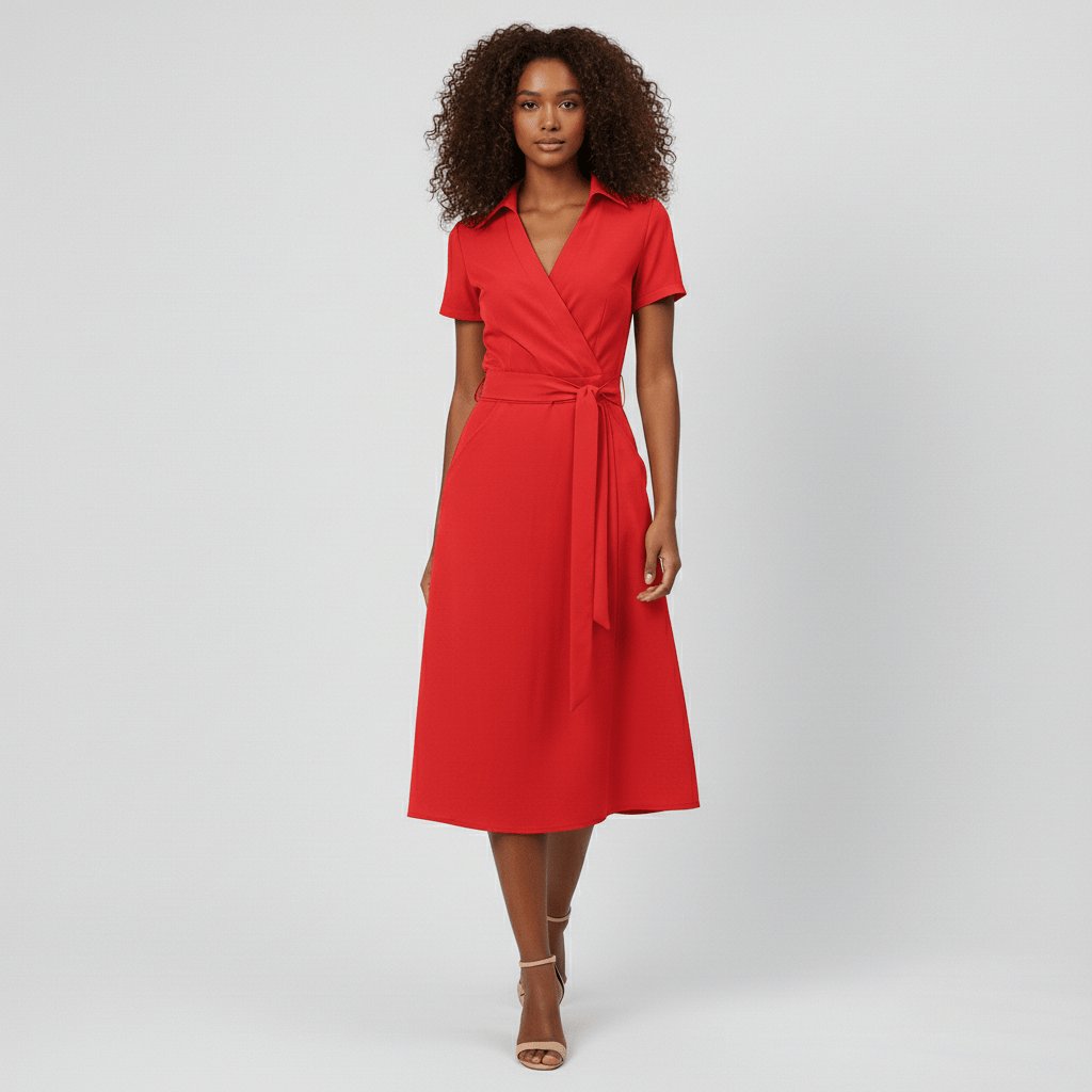 Dames A-lijn Wikkel Midi-jurk V-hals Korte Mouwen Ceintuur - Classic Red
