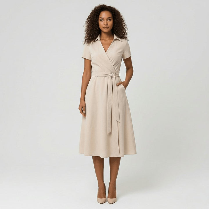 Dames A-lijn Wikkel Midi-jurk V-hals Korte Mouwen Ceintuur - Pale Beige