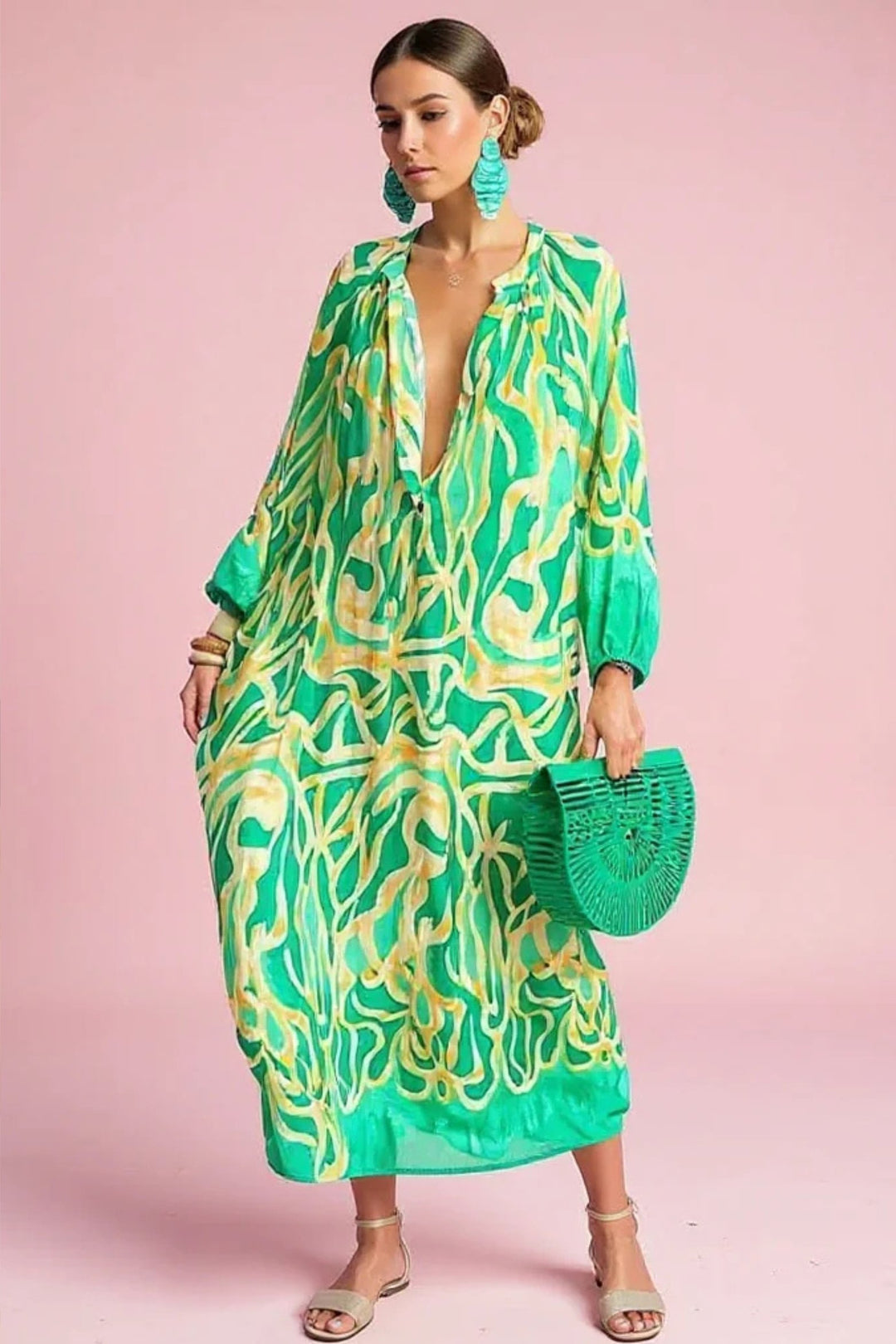 Dames Abstractprint V-hals Kaftan Maxi-jurk Wijdvallend - Green