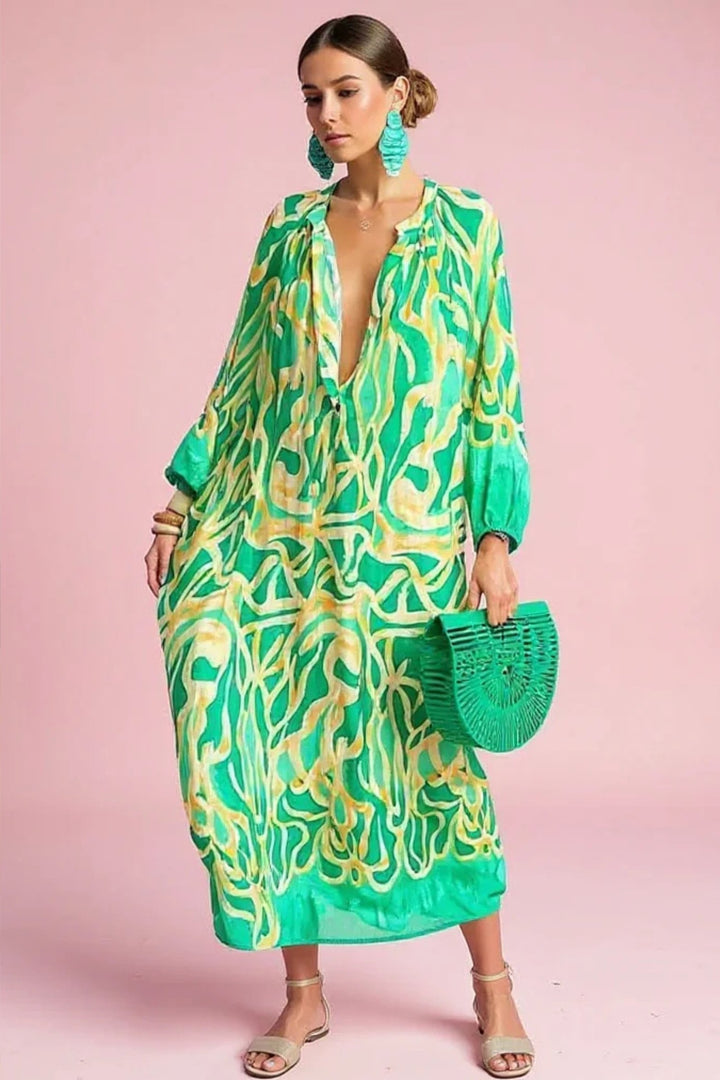 Dames Abstractprint V-hals Kaftan Maxi-jurk Wijdvallend - Green