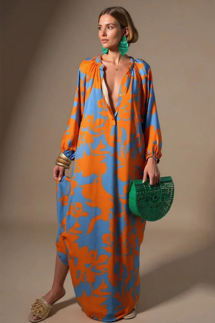 Dames Abstractprint V-hals Kaftan Maxi-jurk Wijdvallend - Orange