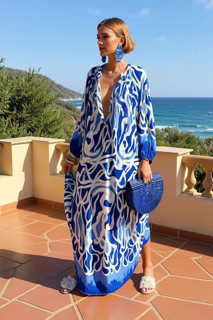 Dames Abstractprint V-hals Kaftan Maxi-jurk Wijdvallend - Blue