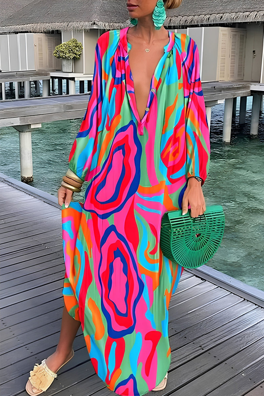 Dames Abstractprint V-hals Kaftan Maxi-jurk Wijdvallend - Pink