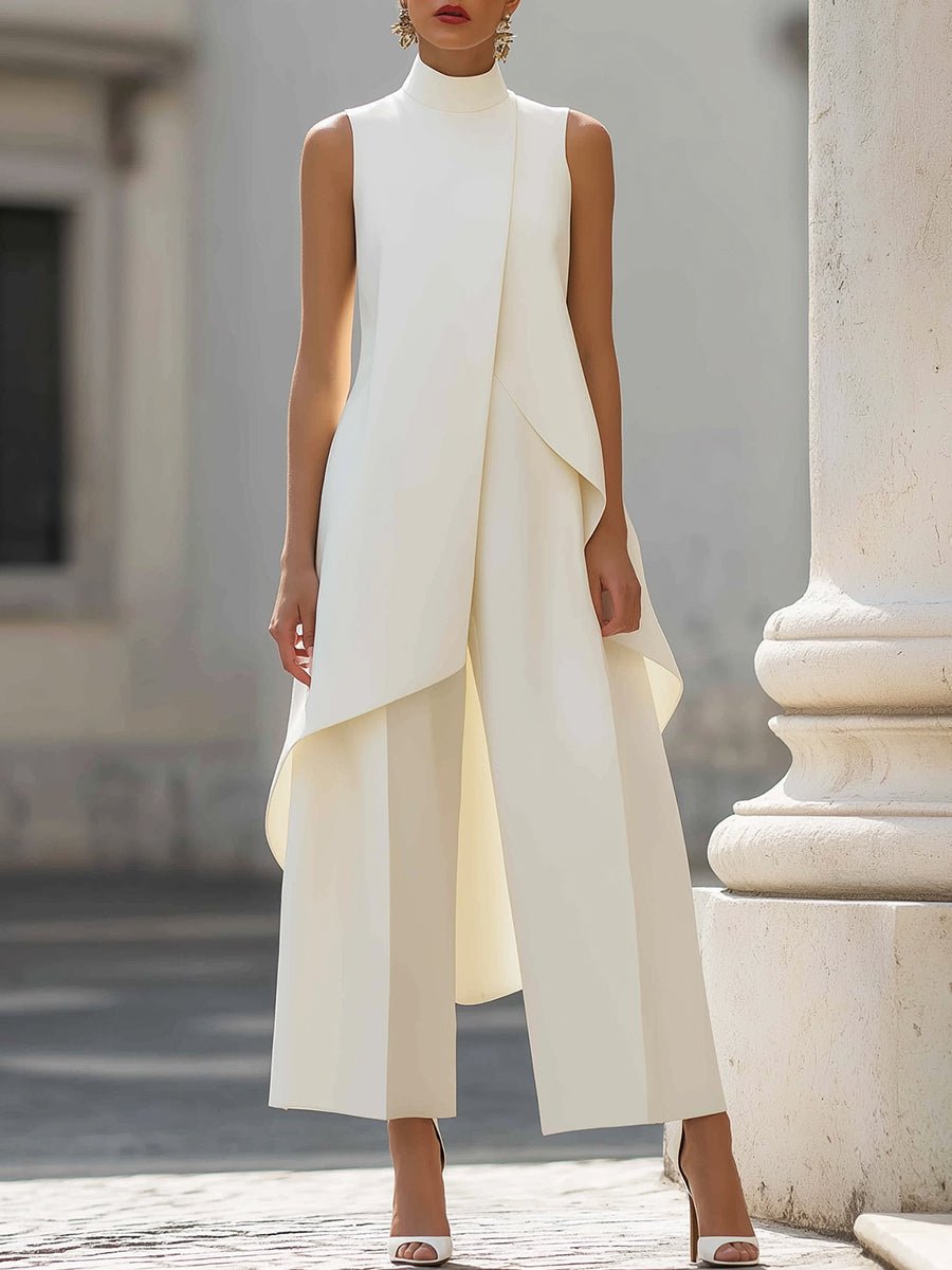 Dames Asymmetrische High-Neck Wijde Broek Set - White