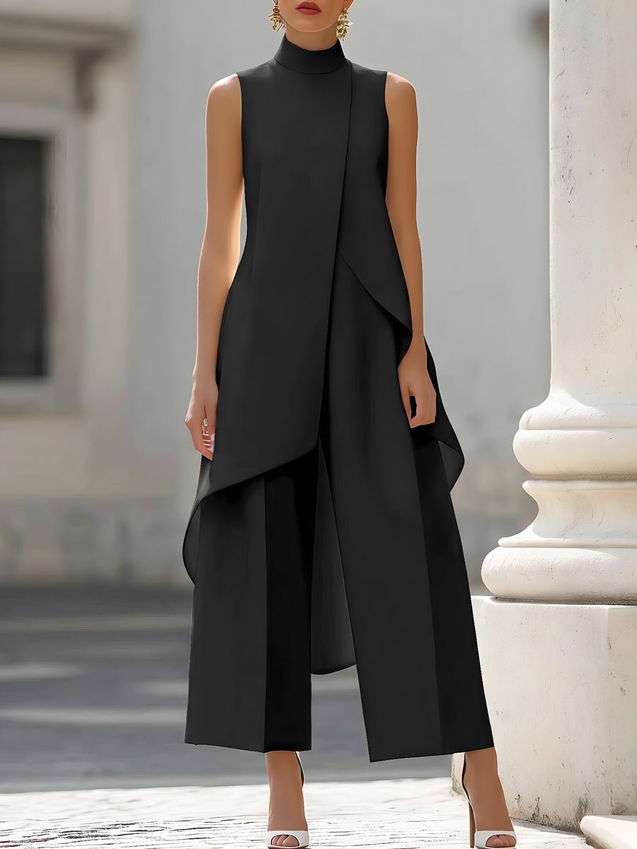 Dames Asymmetrische High-Neck Wijde Broek Set - Black