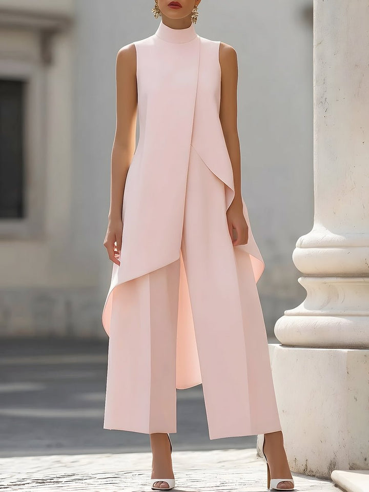 Dames Asymmetrische High-Neck Wijde Broek Set - Pink