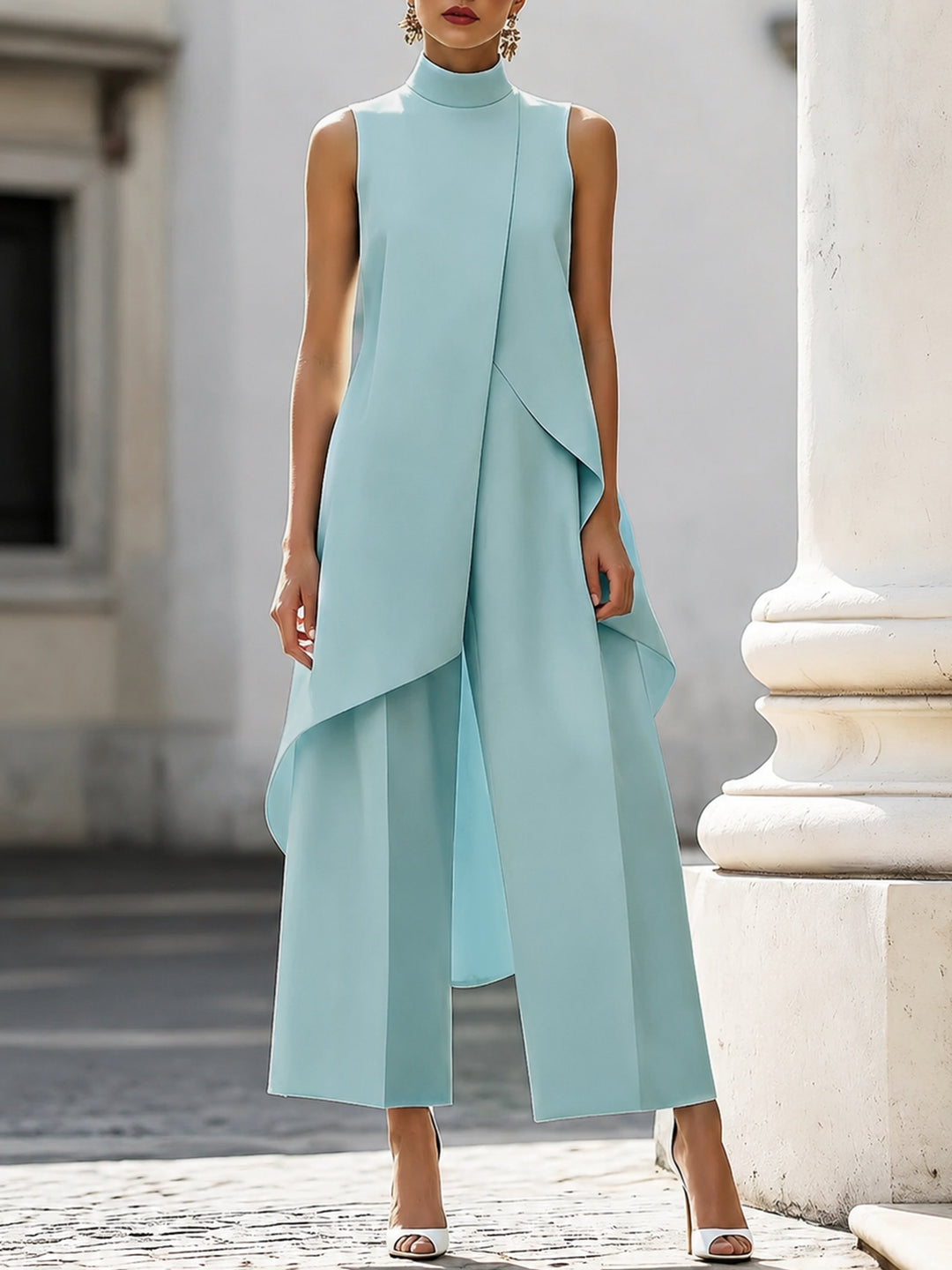 Dames Asymmetrische High-Neck Wijde Broek Set - Sky Blue
