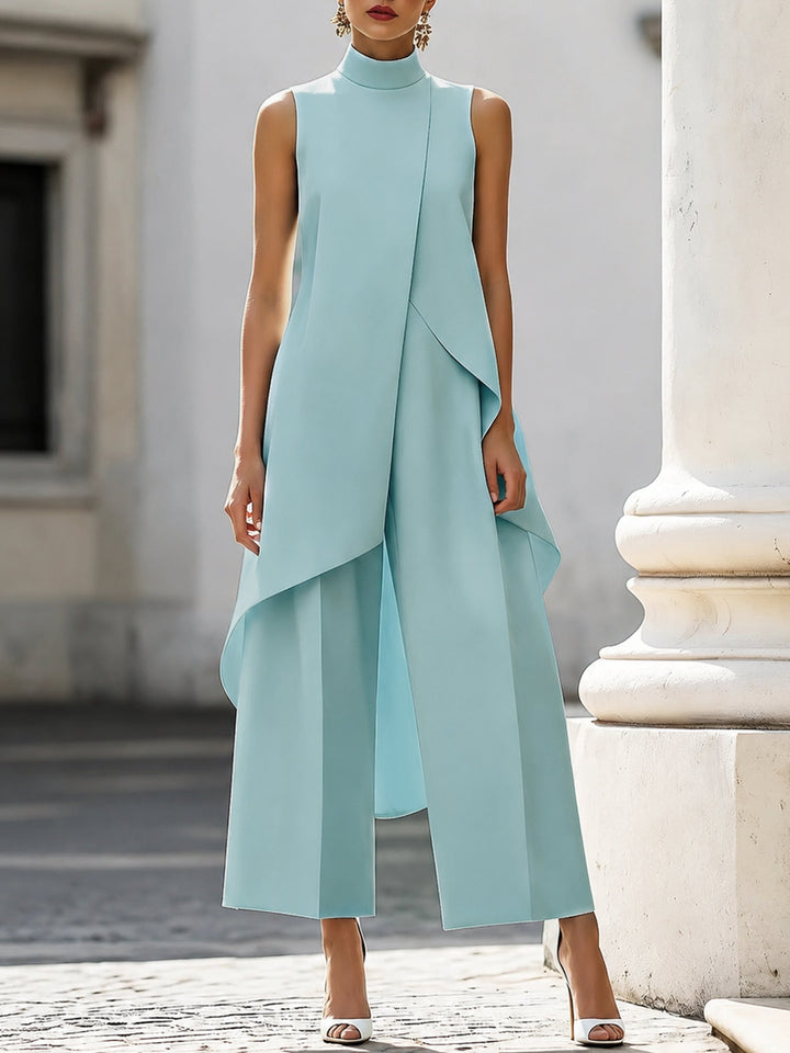 Dames Asymmetrische High-Neck Wijde Broek Set - Sky Blue
