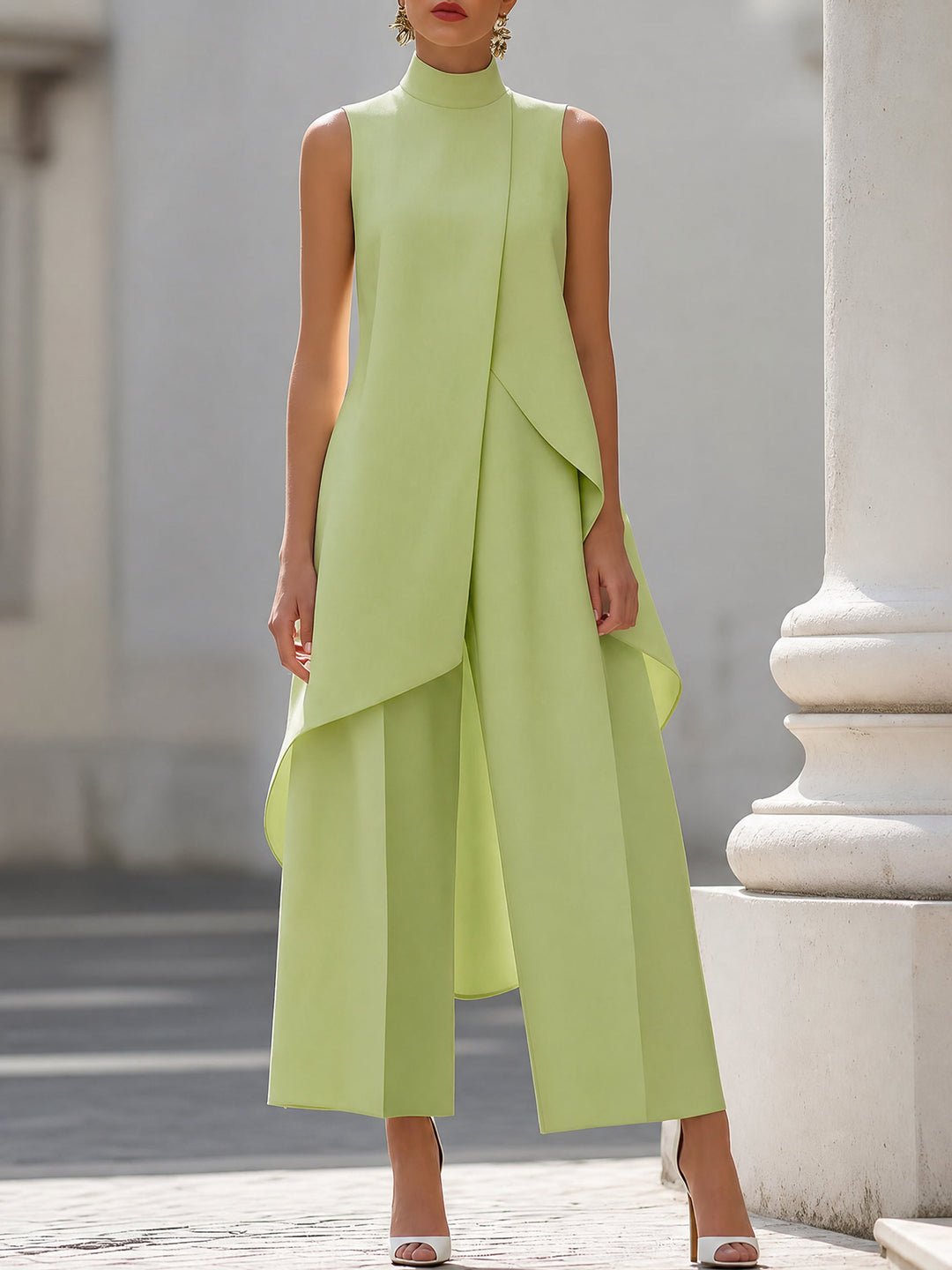 Dames Asymmetrische High-Neck Wijde Broek Set - Daiquiri Green