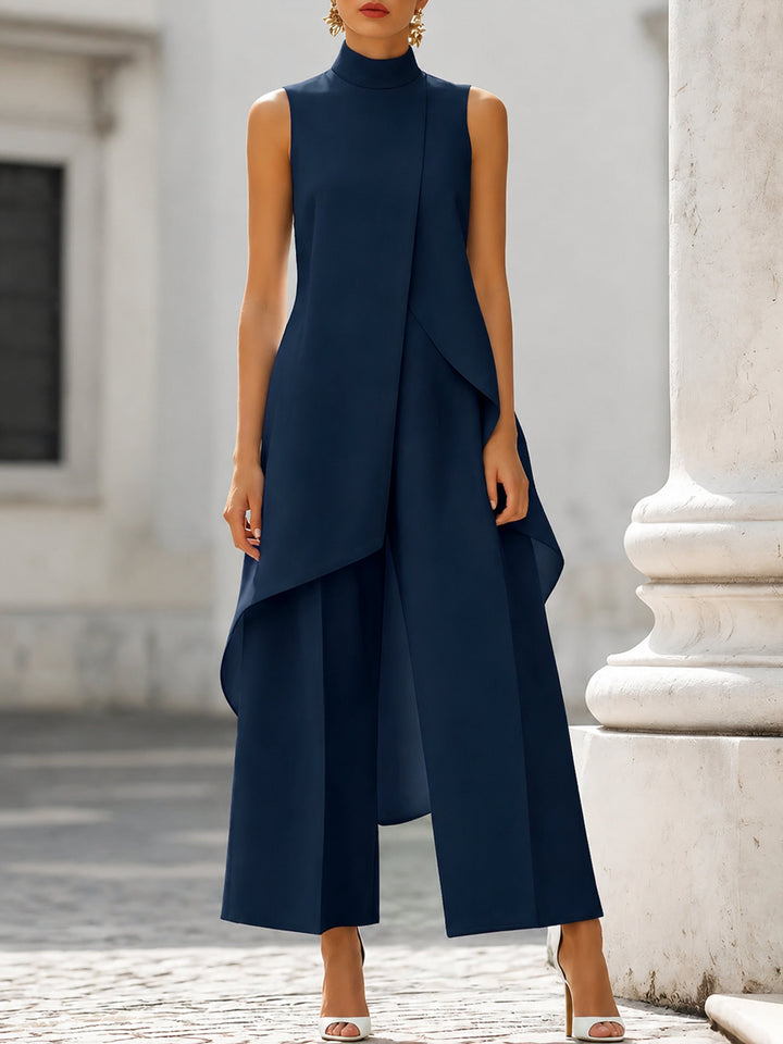 Dames Asymmetrische High-Neck Wijde Broek Set - Navy Blue