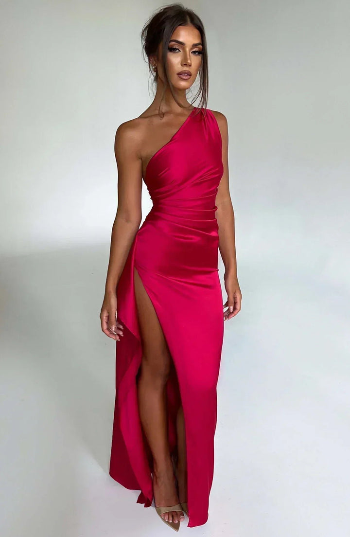 Dames Asymmetrische One-Shoulder Maxi Jurk met Hoge Split - Red